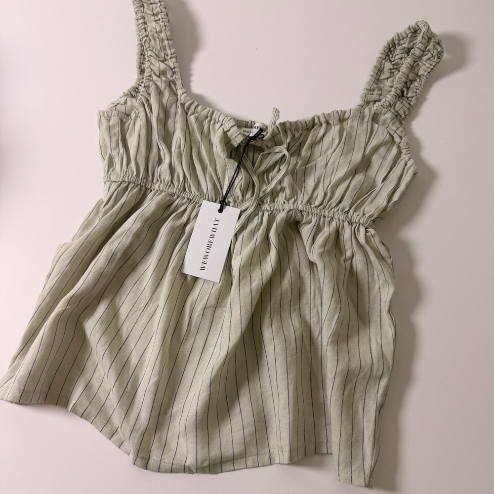 WeWoreWhat Tie Front Cami Top Sage Multi Stripe Smocked Strap XS